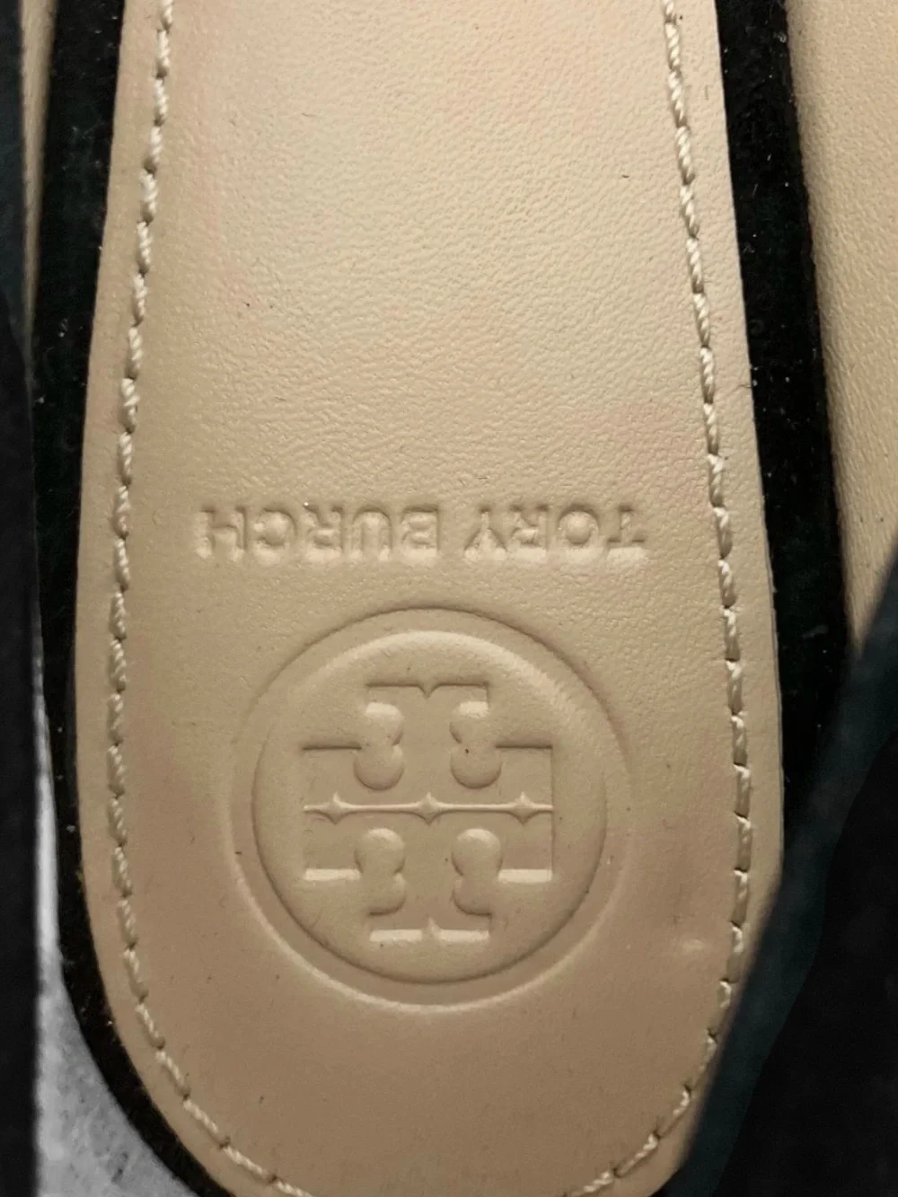 Tory Burch Black Suede wedges with Gold Logo Medallion